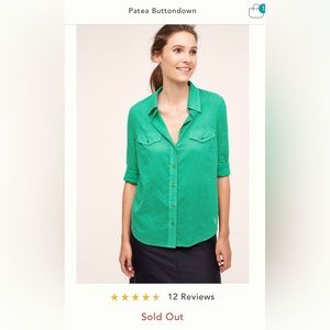 Anthropologie Maeve green with white polka dots cotton button down shirt.